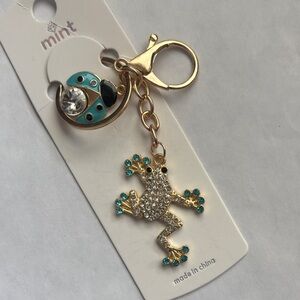 Mint Gold lady bug and Frog rhinestone Keychain with Teal and Black Accents